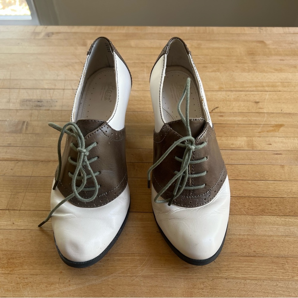 G.H. Bass & Co. Two-Tone Brown and White Heeled Saddle Shoes